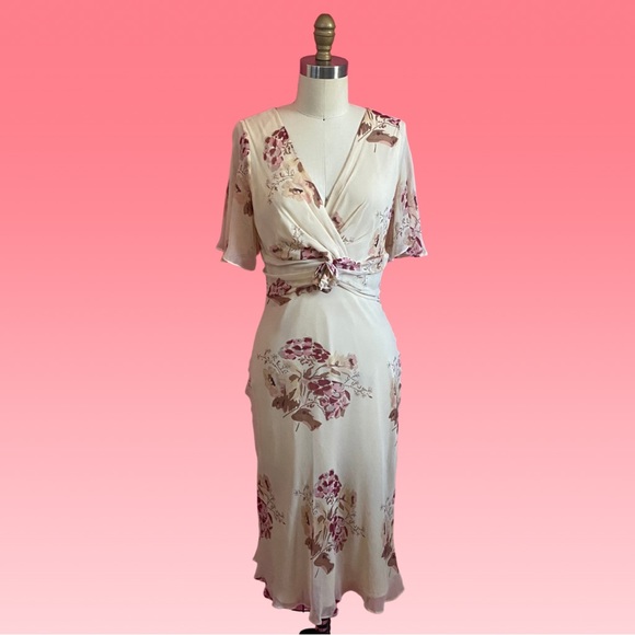 Ice Dresses & Skirts - Vintage 90s/Y2K SILK Chiffon FairyCore Floral Midi Dress w/Rosette Cross Over 4